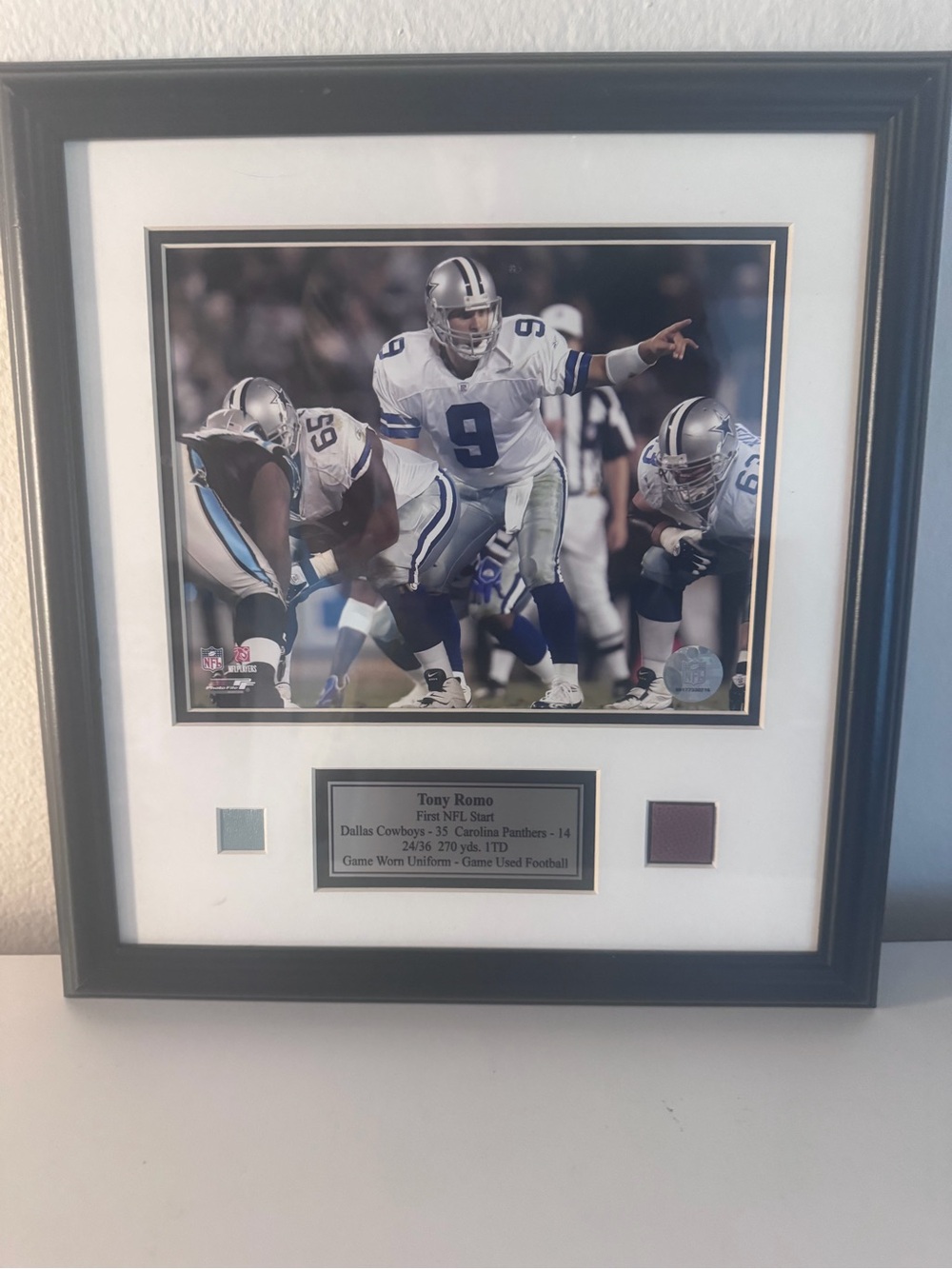 Tony Romo First NFL Game 15x16 Game Used Jersey/Football Framed Memorabilia COA